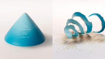 Packaging de arroz. Serán envases de cera biodegradable, y para abrir se deberá pelar como una fruta. El paquete está diseñado para contener productos secos.