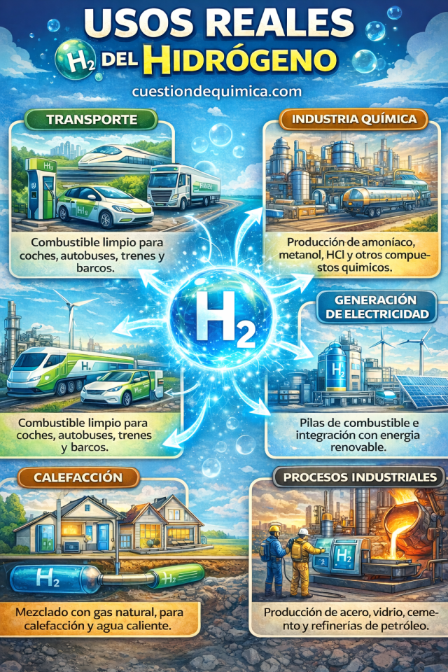 Infografía sobre los usos del hidrógeno en la industria y la energía.- Cuestión de Química.