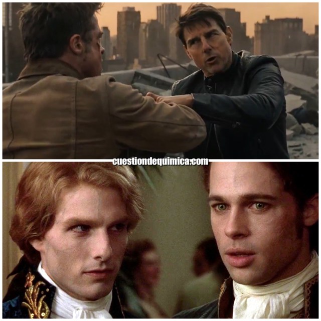 Imagen comparativa: arriba, pelea generada con inteligencia artificial atribuida a Seedance 2.0 entre Tom Cruise y Brad Pitt; abajo, escena real de Entrevista con el vampiro.