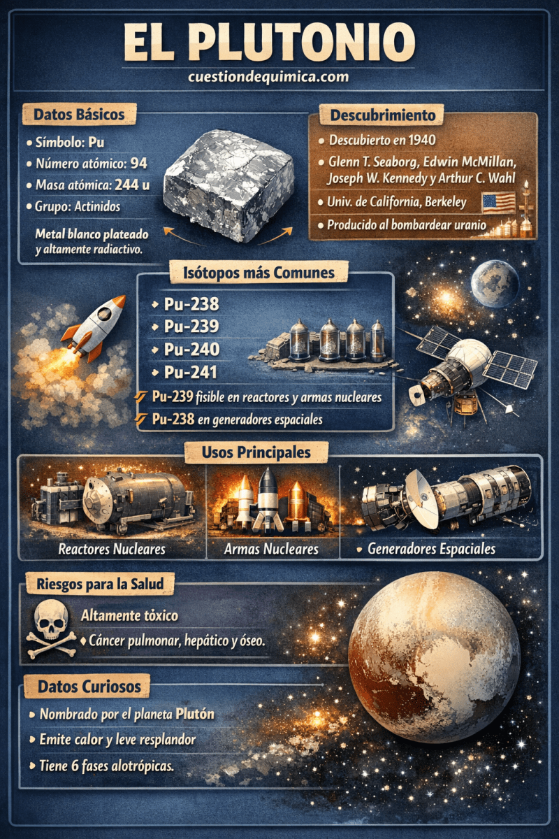 Infografía en español sobre el plutonio que resume sus propiedades químicas, producción en reactores nucleares, riesgos radiológicos y marco de control internacional.