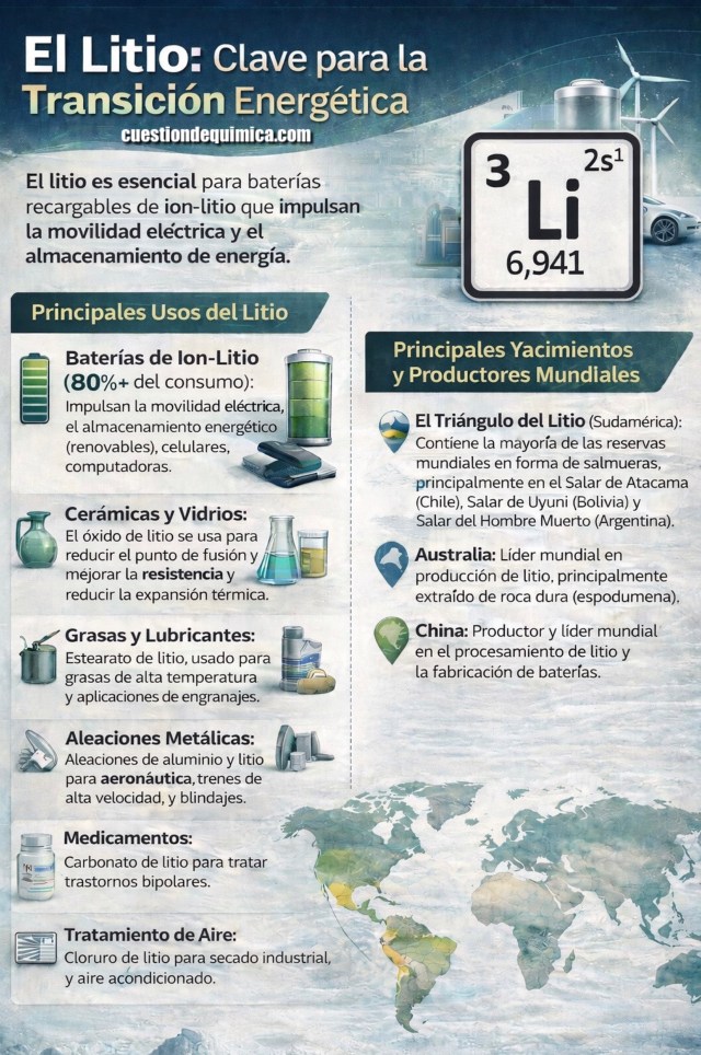 Infografía sobre el litio y sus principales usos en baterías, industria y aplicaciones médicas, junto con los principales productores mundiales.