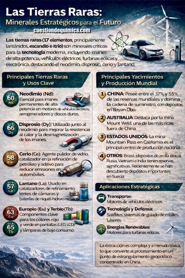 Infografía sobre tierras raras y sus aplicaciones en energías renovables, vehículos eléctricos y tecnología avanzada.