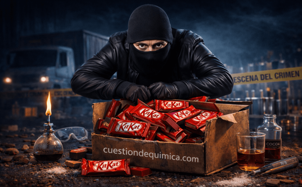 Ladrón con caja de KitKat en escena de crimen nocturna con elementos de laboratorio y camión al fondo.