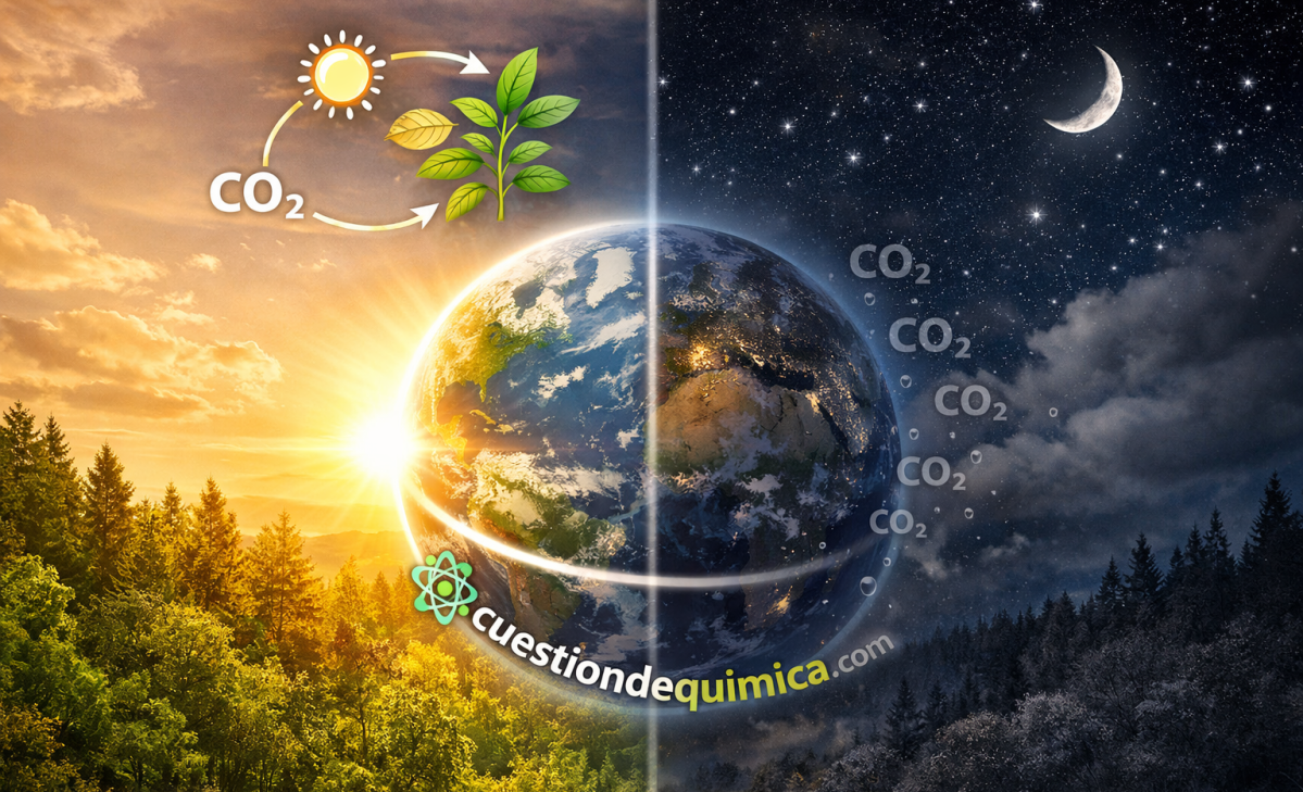 Ilustración del equinoccio mostrando la Tierra dividida entre día y noche, con procesos de fotosíntesis y ciclo del CO₂