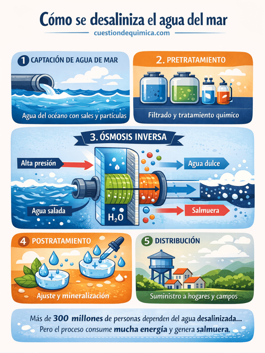 Infografía que explica paso a paso cómo se desaliniza el agua del mar: captación de agua salada, pretratamiento, ósmosis inversa para separar las sales, postratamiento y distribución del agua potable.