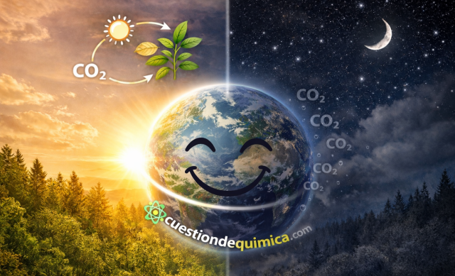 Ilustración del equinoccio con la Tierra dividida entre día y noche, mostrando el ciclo del CO₂ y una representación visual del equilibrio natural del planeta