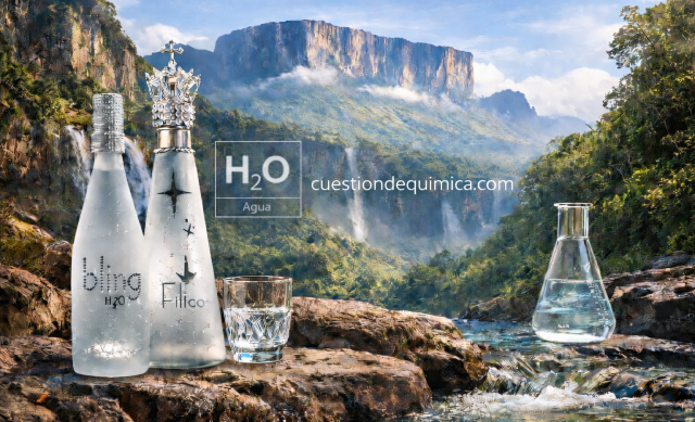 Imagen que contrasta botellas de agua de lujo como Bling H2O y Fillico con agua natural en un paisaje inspirado en el monte Roraima, representando el contraste entre marketing y pureza del agua.