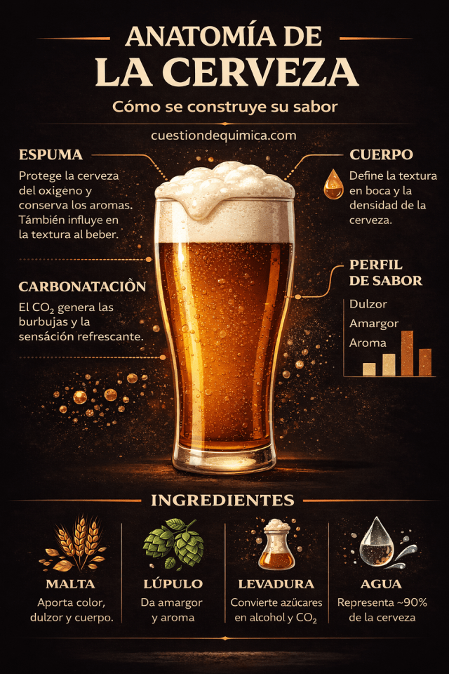 Infografía titulada "Anatomía de una cerveza" que muestra cómo los ingredientes y compuestos químicos, como la malta, el lúpulo, la levadura y los productos de la fermentación, contribuyen al aroma, el sabor y el cuerpo de la cerveza.