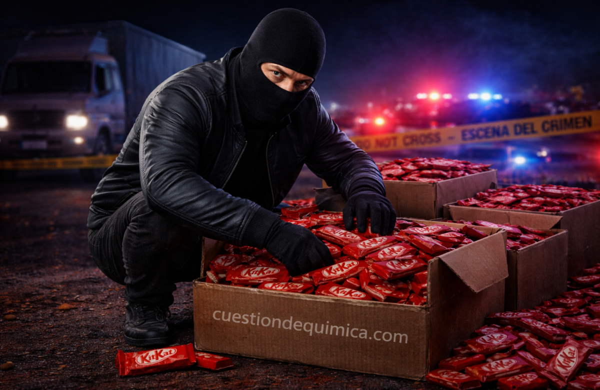 Ladrón en cuclillas con cajas de KitKat en escena de robo nocturna con camión y luces policiales.