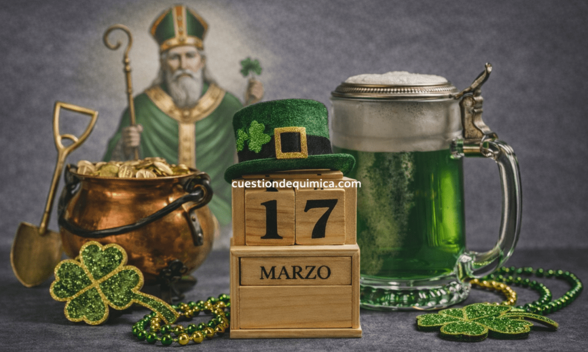 Ilustración del Día de San Patricio con jarra de cerveza verde, tréboles y un calendario marcando el 17 de marzo, con una figura difuminada de San Patricio al fondo sosteniendo un trébol.