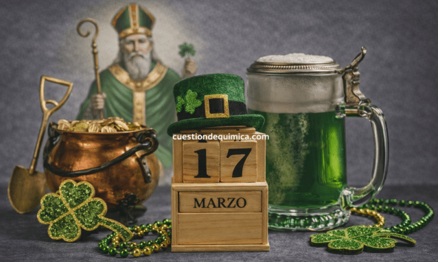 Ilustración del Día de San Patricio con jarra de cerveza verde, tréboles y un calendario marcando el 17 de marzo, con una figura difuminada de San Patricio al fondo sosteniendo un trébol.