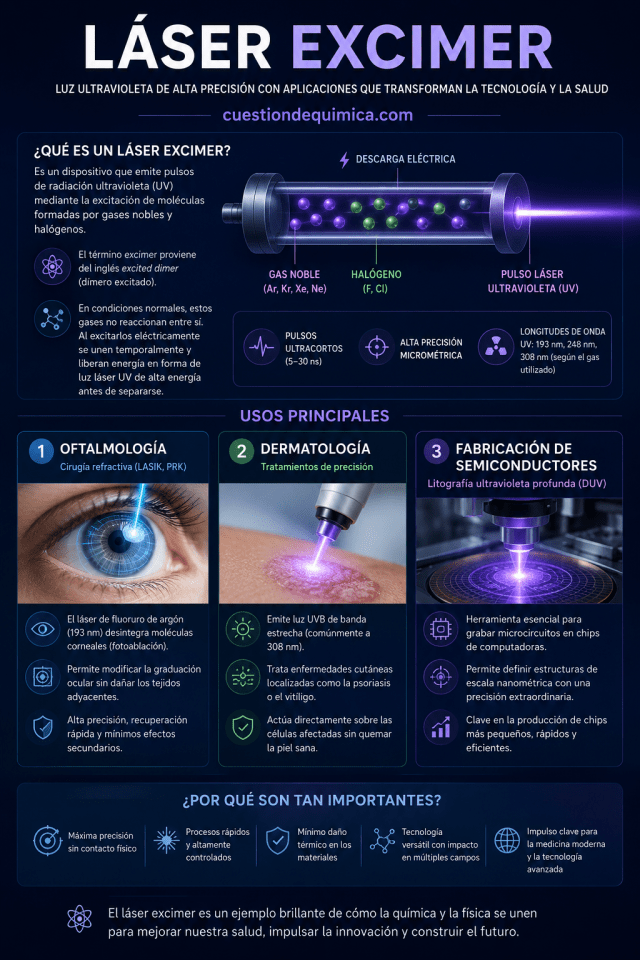 Infografía educativa sobre los láseres excimer y sus aplicaciones en litografía de semiconductores, oftalmología y dermatología. Incluye esquema del funcionamiento del láser mediante gases nobles y halógenos, generación de radiación ultravioleta y uso en fabricación avanzada de chips.