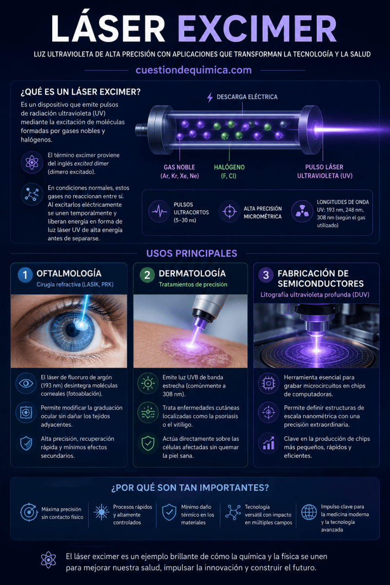 Infografía educativa sobre los láseres excimer y sus aplicaciones en litografía de semiconductores, oftalmología y dermatología. Incluye esquema del funcionamiento del láser mediante gases nobles y halógenos, generación de radiación ultravioleta y uso en fabricación avanzada de chips.
